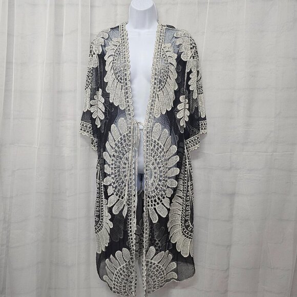 Ember Black Gray Embroidered Mesh Tie Kimono Boho Sheer M - Picture 1 of 13